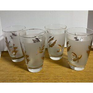 Libbey Set Of 4 Gold Leaf Pattern Glass Tumblers Frosted Design Vintage 1970s